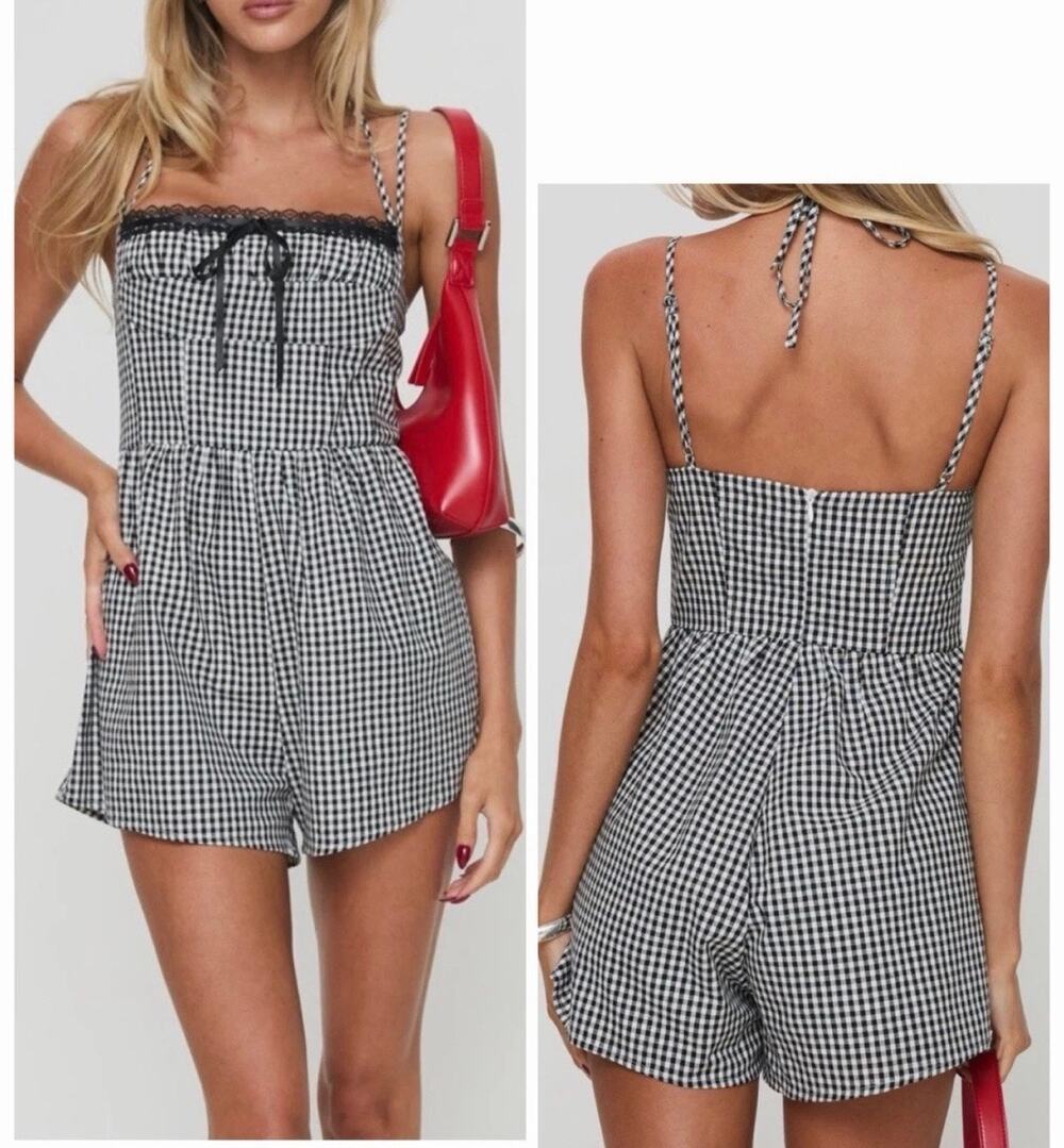 Princess Polly black nd white gingham trynia romper women’s small. NWT